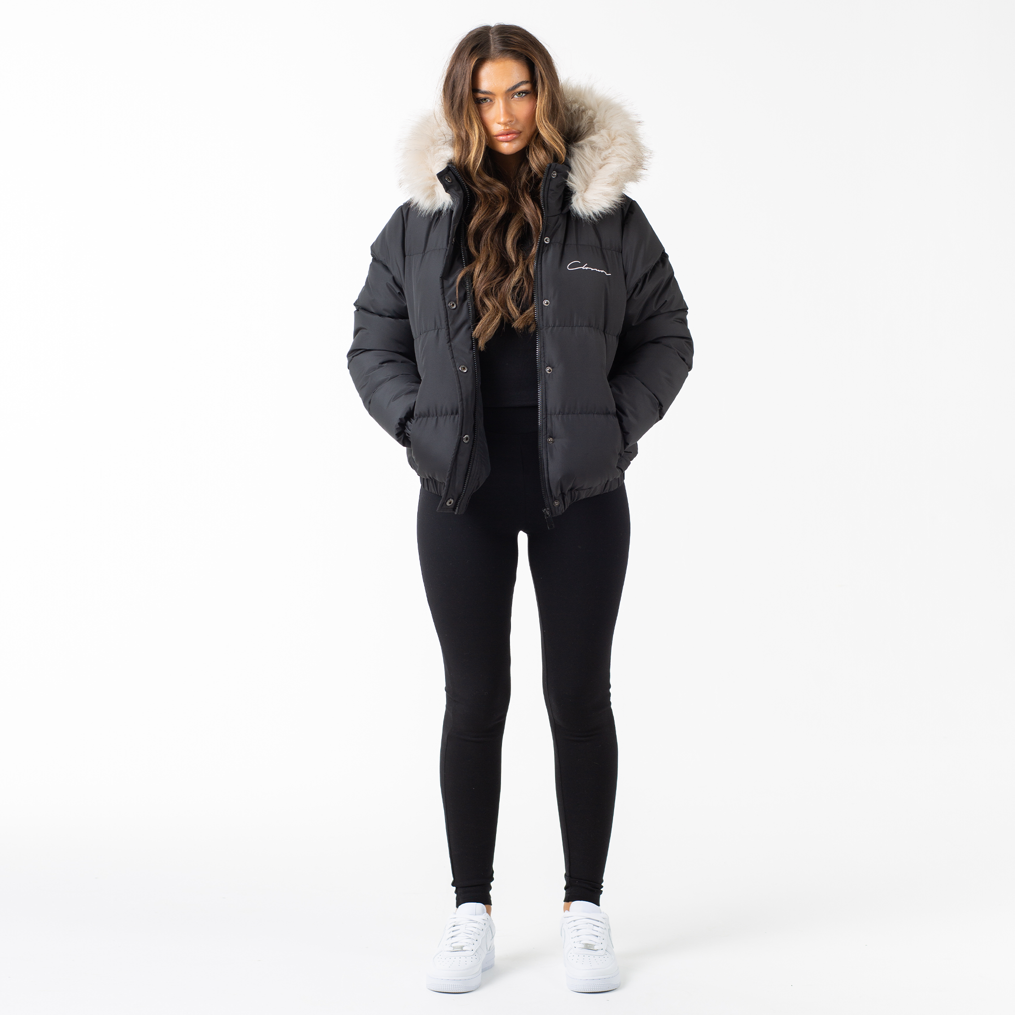 Closure London Womens Cropped Fur Hooded Puffer Jacket